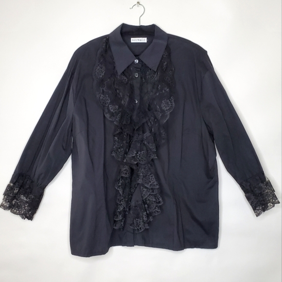 Ruffle Lace Front Shirt Size 2X Black Button-up Top Lace Trim Cuff Steampunk - Picture 3 of 13